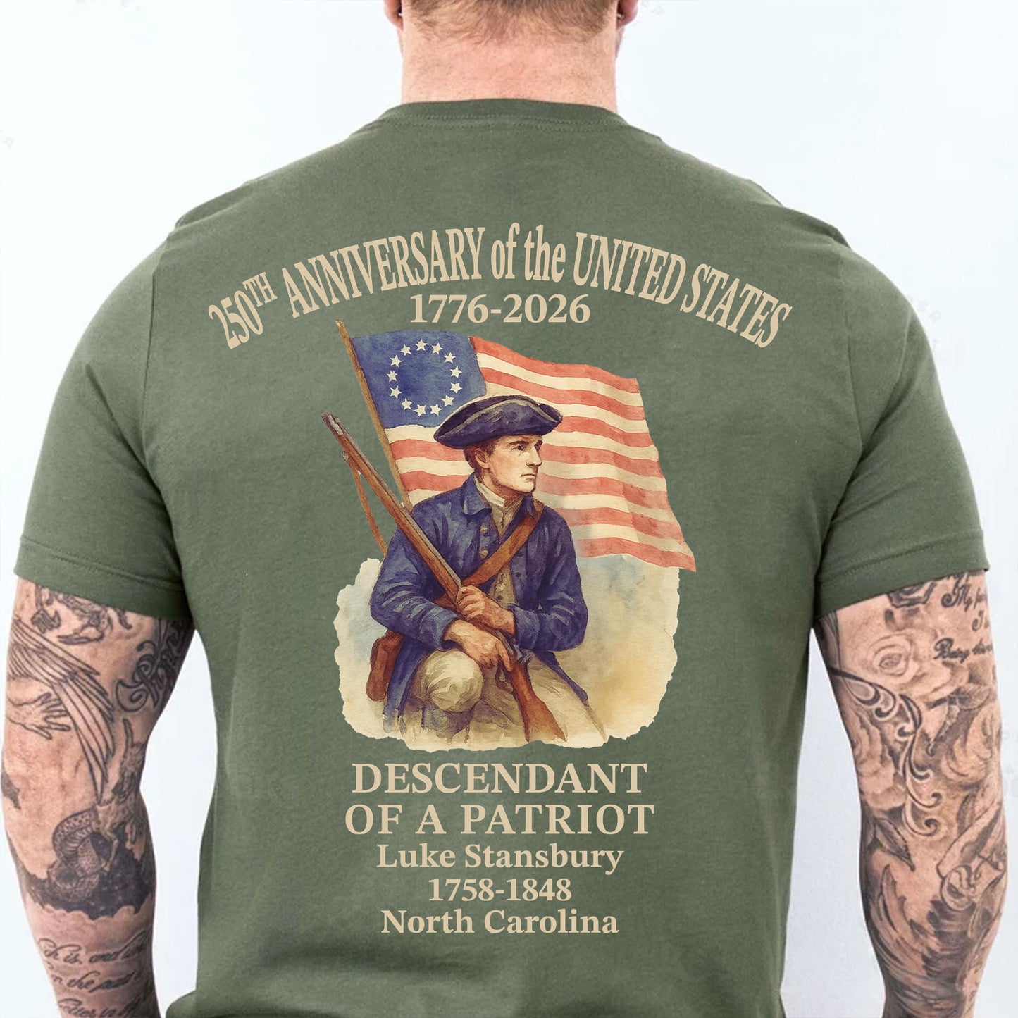 Personalized 250 Years of America Backside Shirt | Custom Name Descendant of a Patriot | Patriotic 1776–2026 Tee 684228