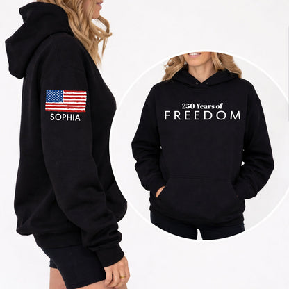 Personalized 250 Years Of Freedom Dark Shirt | Custom Name Patriotic 4th of July Front & Right Sleeve Shirt 684610