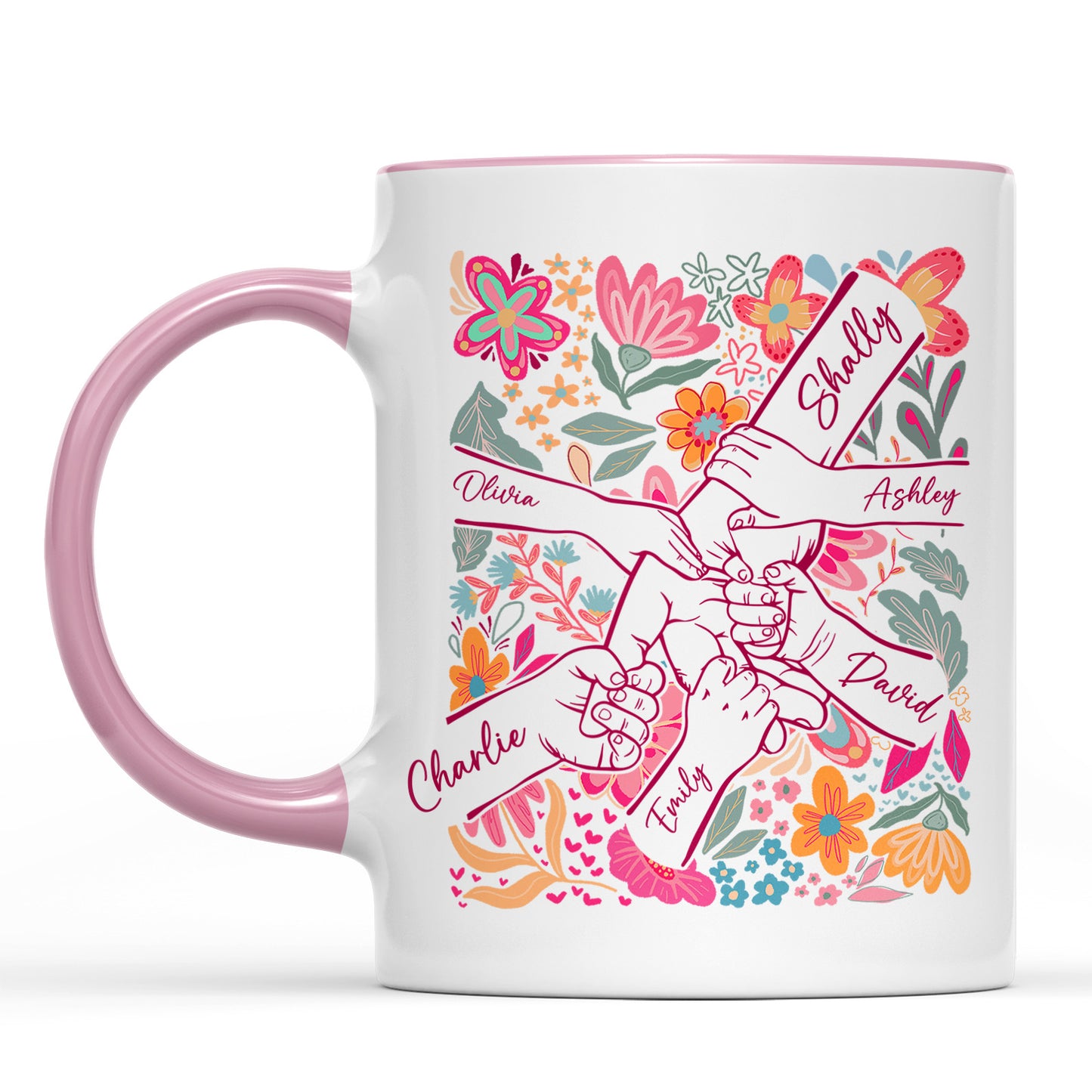 Personalized Mom Hands Flower Mug | Custom Kids Names White Mug Accent Mug | Mother’s Day Gift 684434