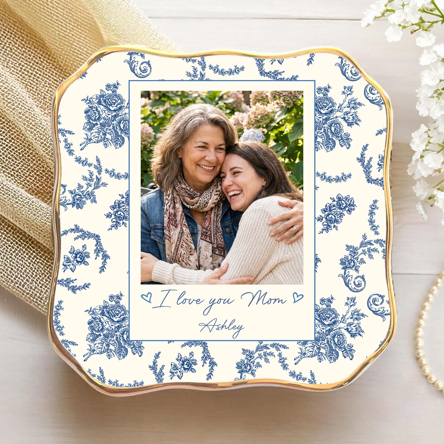 Custom Photo Jewelry Dish for Mom | Personalized Toile De Jouy Trinket Tray | Mother's Day Gift 684588