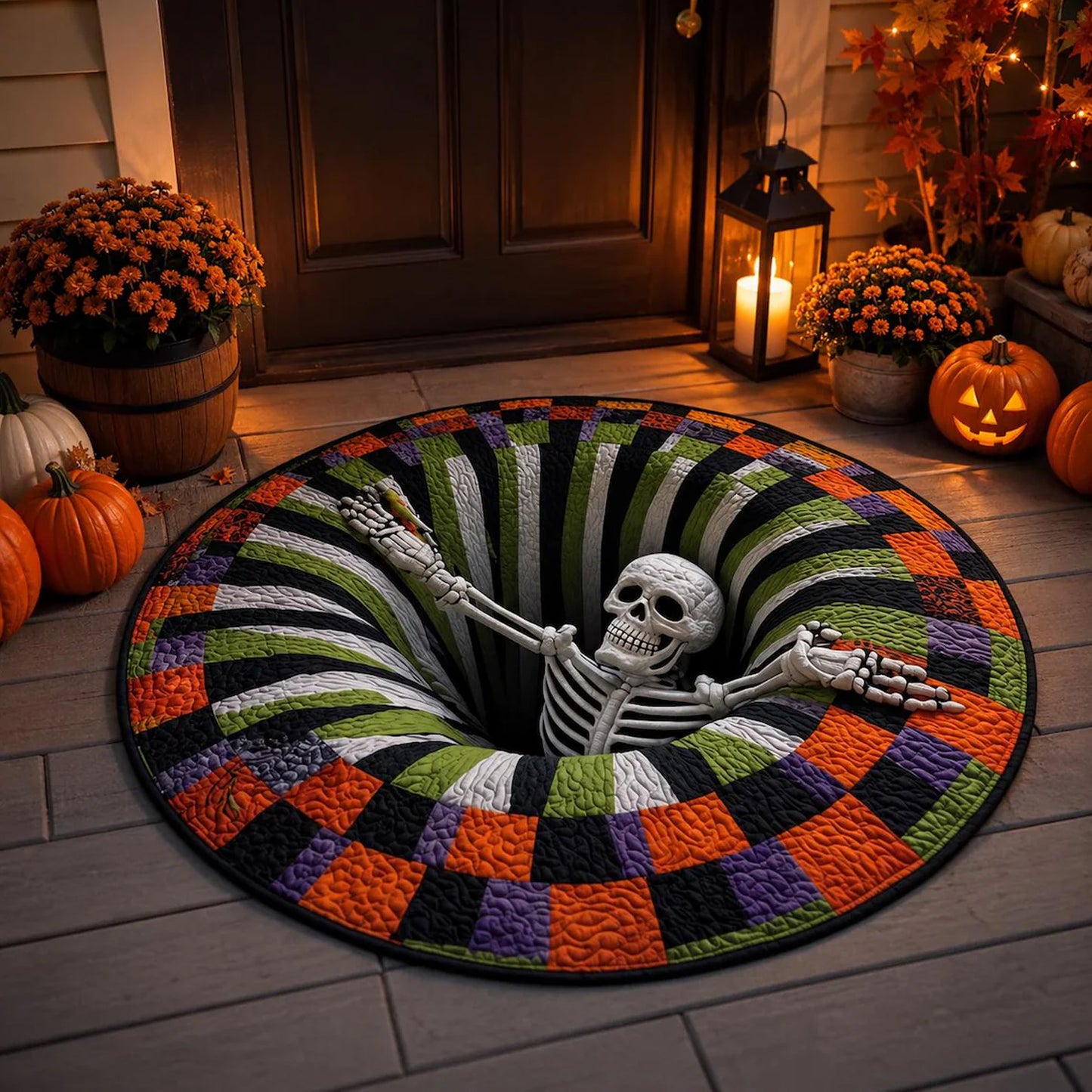 3D Skeleton Halloween Round Rug, Spooky Optical Illusion Floor Mat, Creepy Haunted House Halloween Decor 685932 WFD