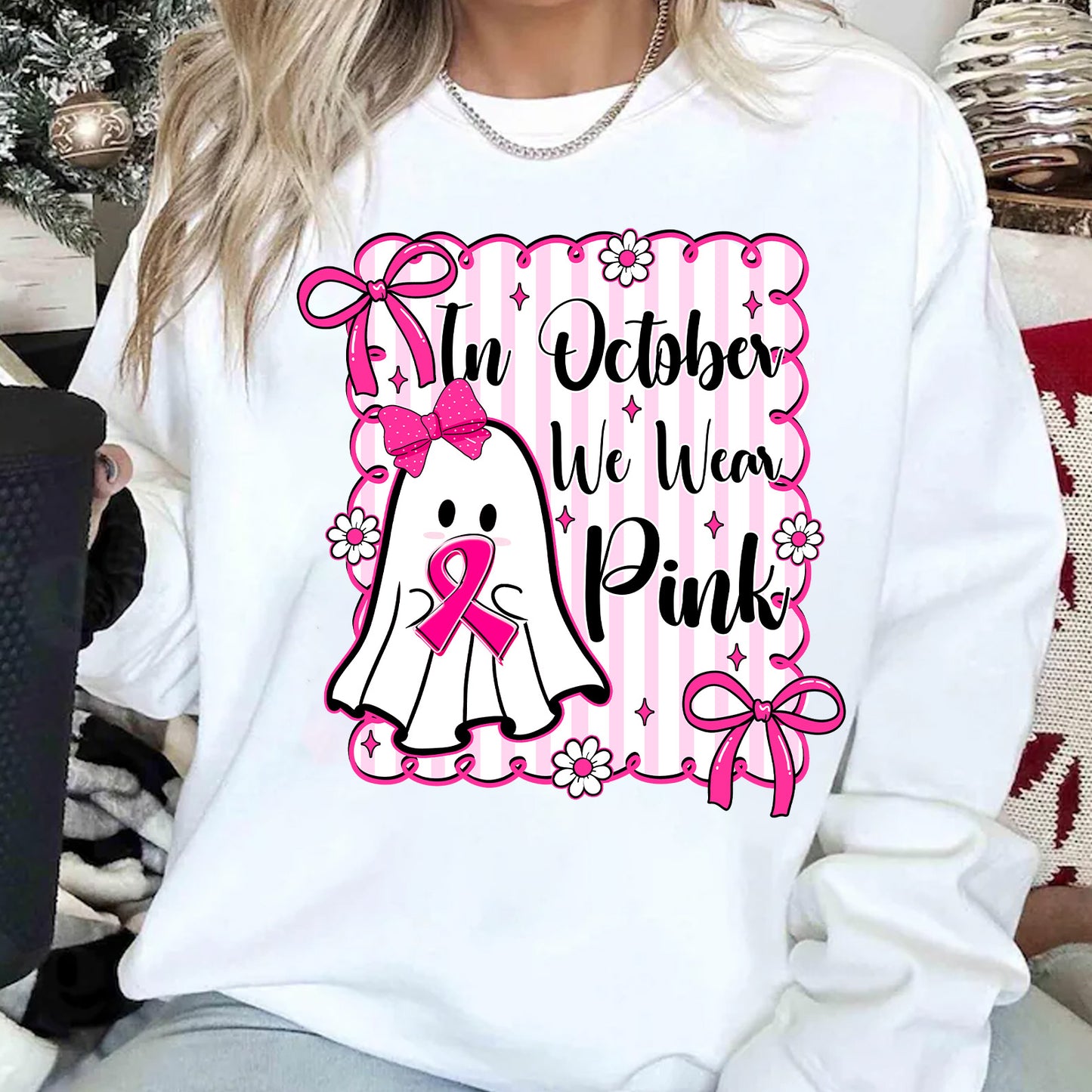 October We Wear Pink Breast Cancer Awareness Shirt | Cute Ghost Pink Ribbon T-Shirt | Halloween Pink Out Tee 683314-3