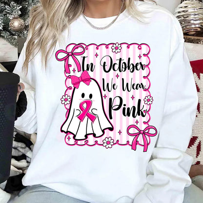 October We Wear Pink Breast Cancer Awareness Shirt | Cute Ghost Pink Ribbon T-Shirt | Halloween Pink Out Tee 683314-3