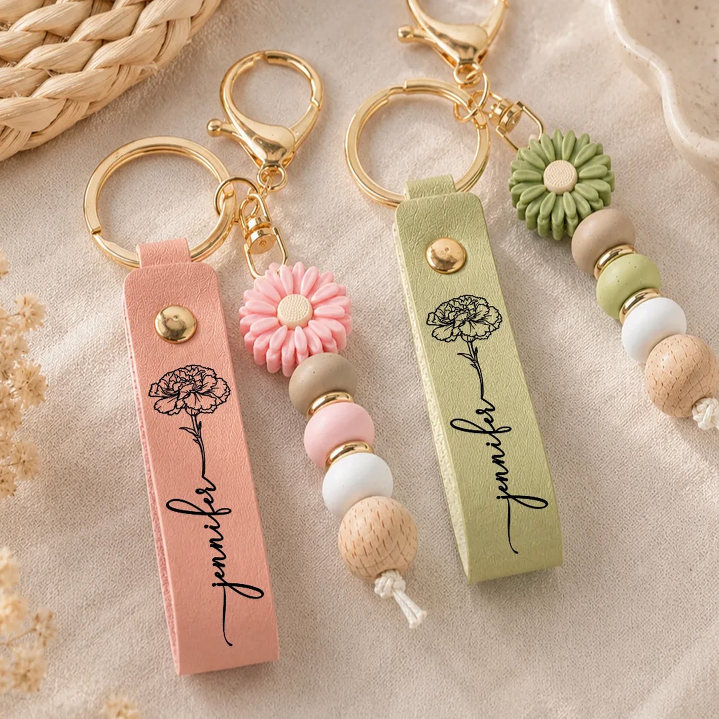 Personalized Birth Month Flower Leather Beaded Keychain, Custom Name Floral Keychain Gift 685767 WFD