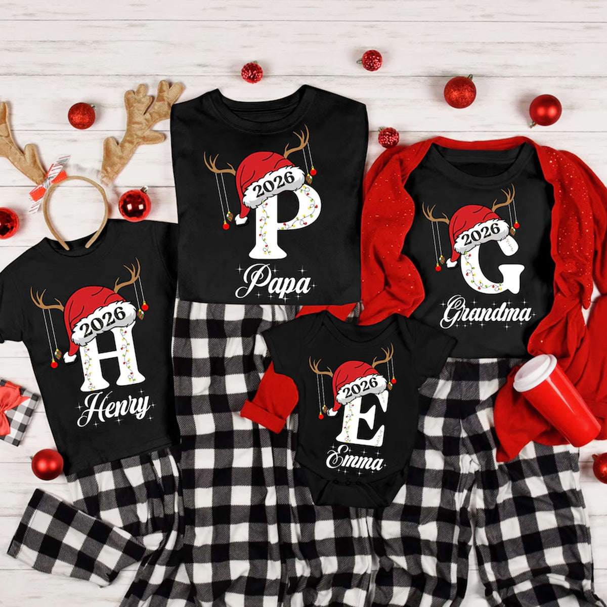 Personalized Christmas 2026 Family Shirt, Custom Name & Initial Santa Hat Matching Shirts 686311 WFD