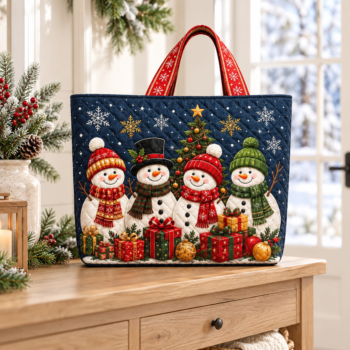 Christmas Quilted Tote Bag, Snowman & Christmas Tree Holiday Handbag, Festive Gift for Mom, Grandma 686748 WFD
