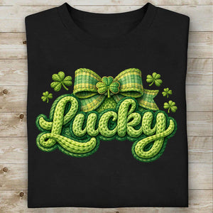 St. Patrick’s Day Lucky Shirt, Faux Yarn Patrick’s Day Tee, Latch Hook Yarn Lucky Faux Embroidery T-Shirt 684191