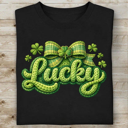 St. Patrick’s Day Lucky Shirt, Faux Yarn Patrick’s Day Tee, Latch Hook Yarn Lucky Faux Embroidery T-Shirt 684191