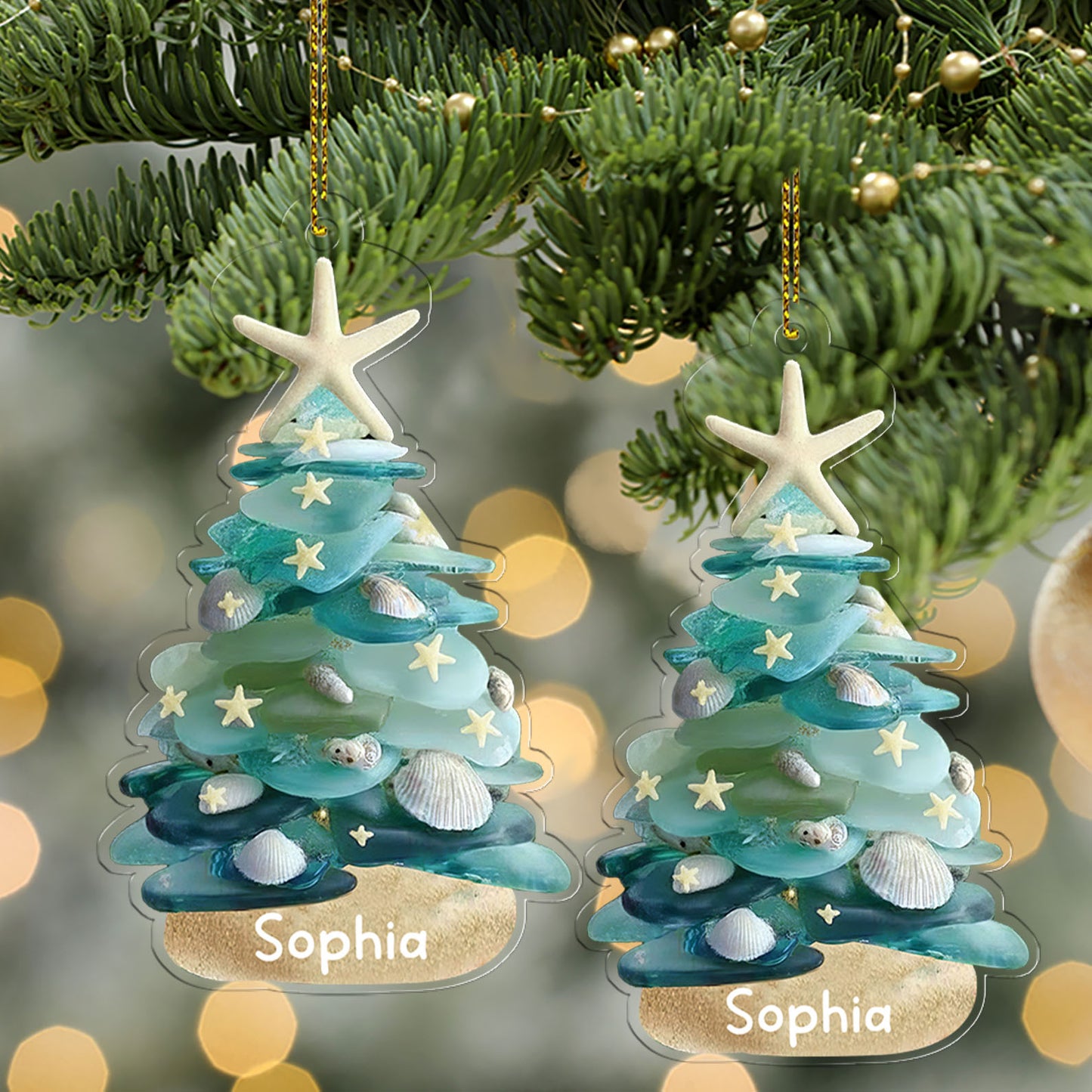 Personalized Sea Glass Christmas Tree 2D Flat Acrylic Ornament | Custom Name Coastal Ornament 683474