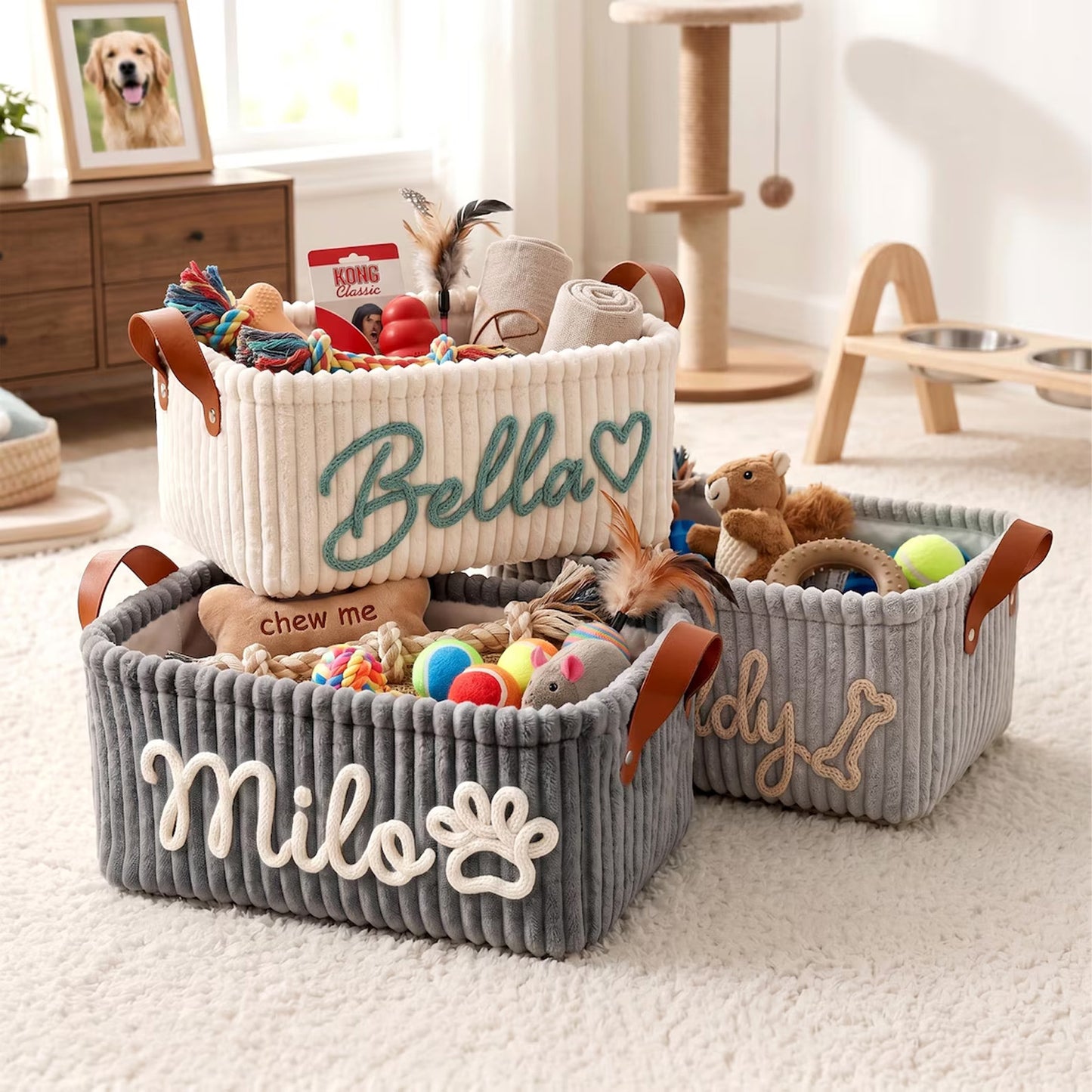 Personalized Dog Toy Basket, Custom Pet Storage Bin, Corduroy Dog Toy Organizer, Gift for New Dog Owners 685550 WFD