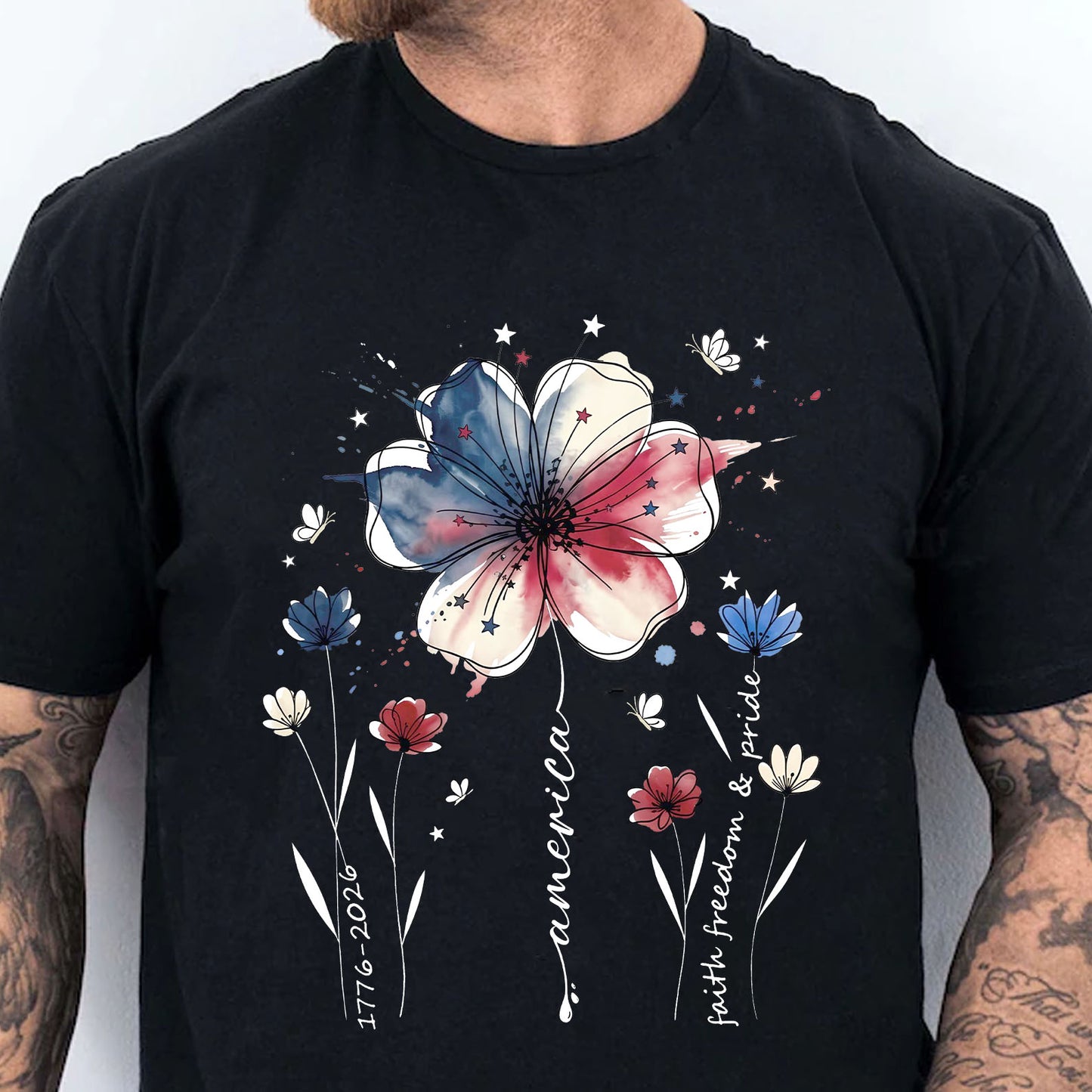 USA 250 Years Anniversary Floral Shirt, 1776–2026 Patriotic Wildflower T-Shirt, Freedom 4th of July Dark Tee 684940
