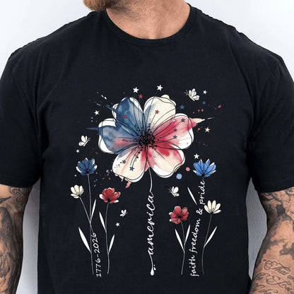 USA 250 Years Anniversary Floral Shirt, 1776–2026 Patriotic Wildflower T-Shirt, Freedom 4th of July Dark Tee 684940