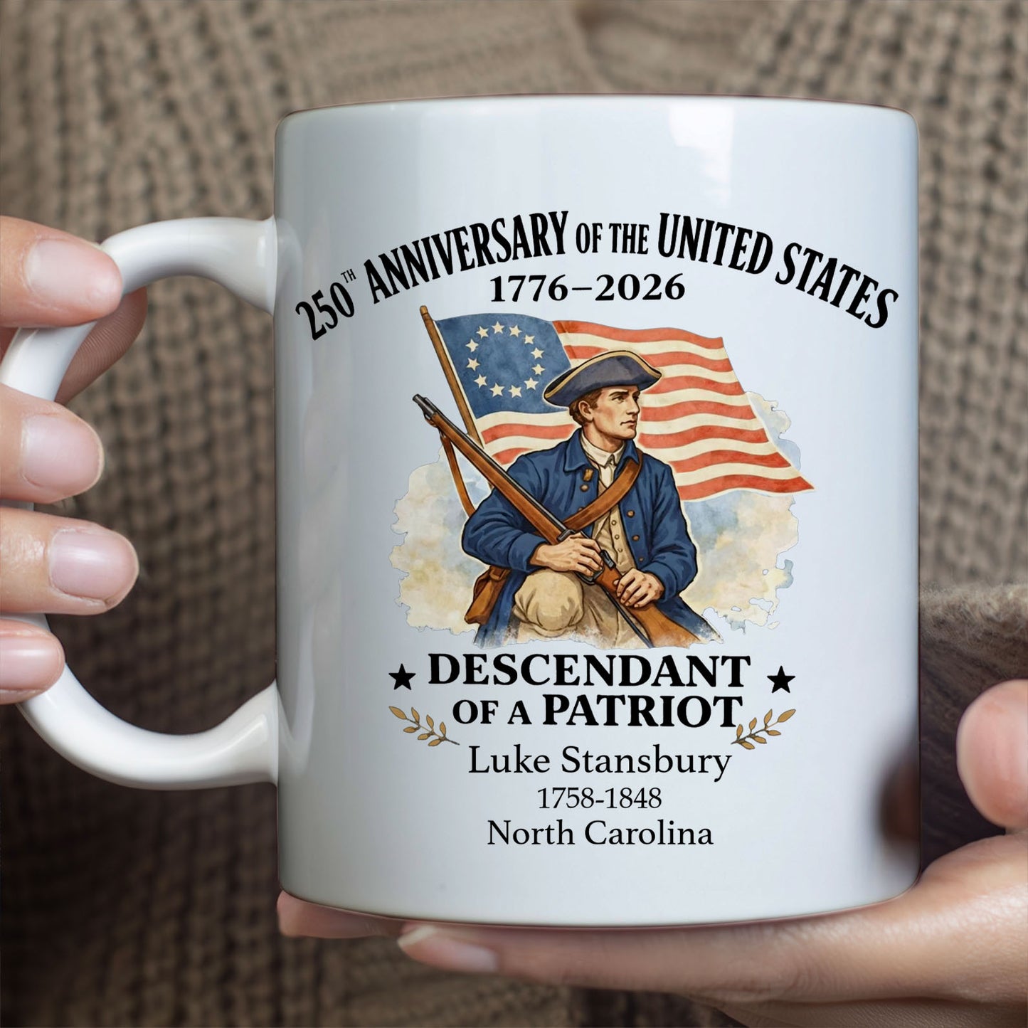 Personalized 250 Years of America Mug, Custom Name Descendant of a Patriot, 1776–2026 White Mug Accent Mug 684373