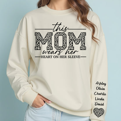 Custom Sweatshirt with Kids’ Names on Sleeve, I Wear My Heart on My Sleeve, Personalized Name Sweater, Front & Left Sleeve Print 683963