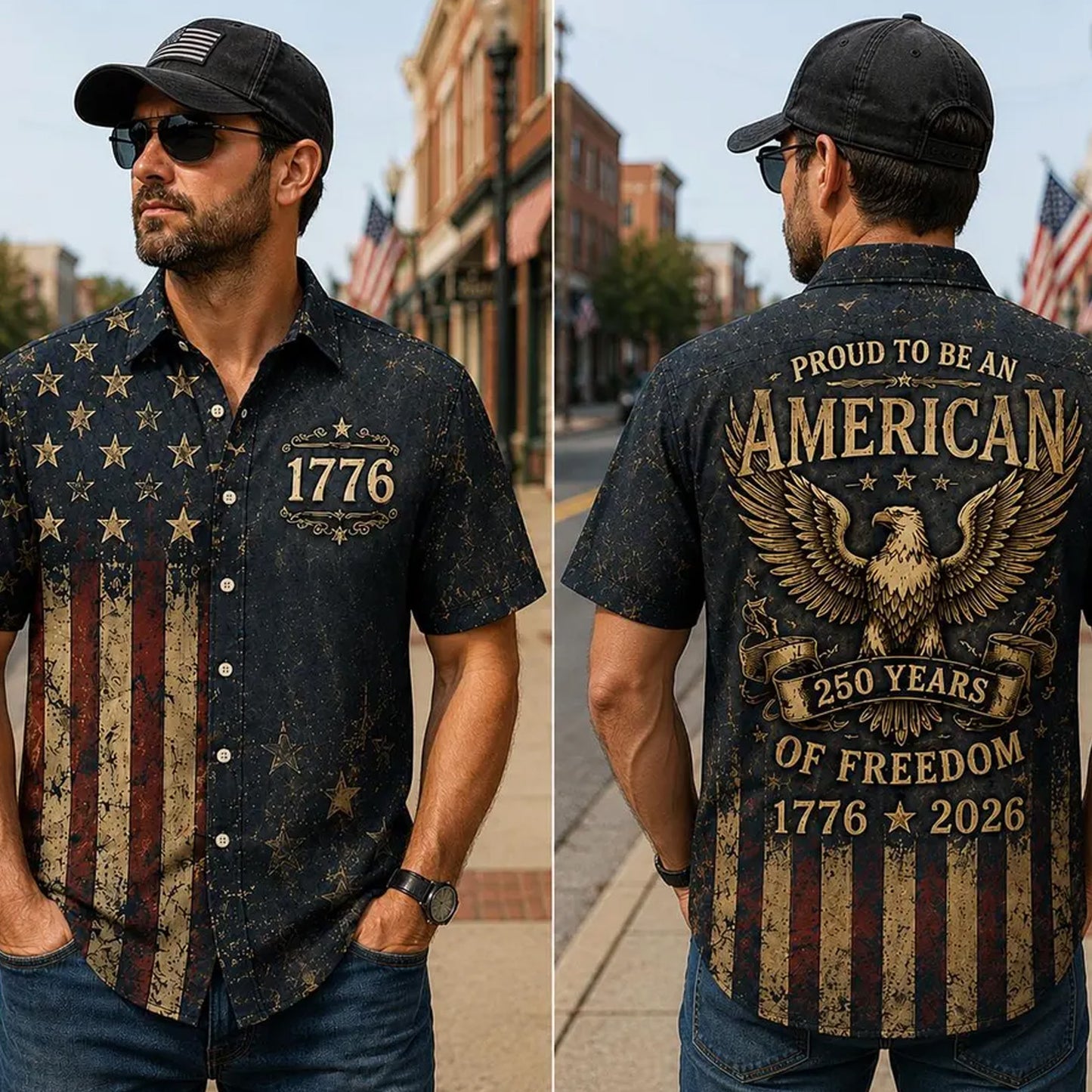 Vintage 250 Years American Flag Hawaiian Shirt, 1776–2026 Patriotic Eagle Shirt, USA Freedom AOP Hawaii Shirt 685261