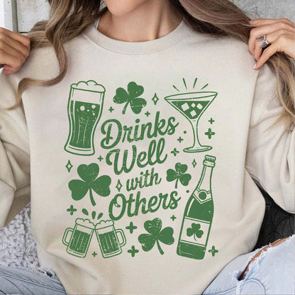 Drinks Well with Others St. Patrick’s Day Shirt | Funny Irish Clover Drinking Tee | Lucky Irish Party T-Shirt 684382