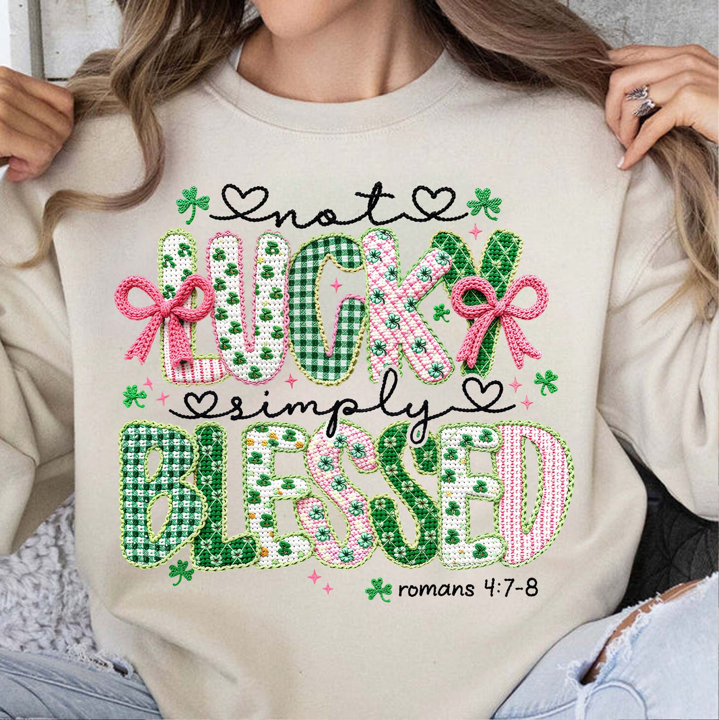 Lucky Blessed St. Patrick’s Day Shirt, Faux Yarn Coquette Sweatshirt, Latch Hook Faux Embroidery Shirt 684190