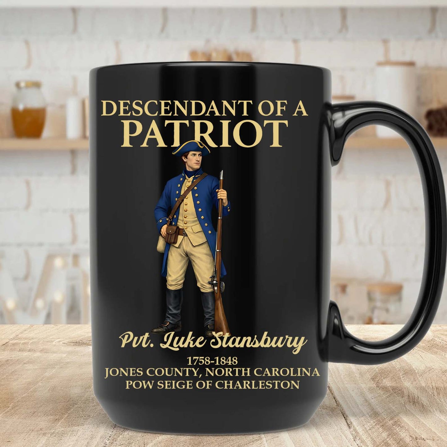 Custom Name Descendant of a Patriot Black Mug | Personalized DAR SAR Coffee Mug | 4th of July Gift 684383