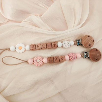 Personalized Baby Pacifier Clip, Custom Name Wooden Bead Dummy Clip, Floral Binky Holder, Baby Shower Gift 686879 WFD