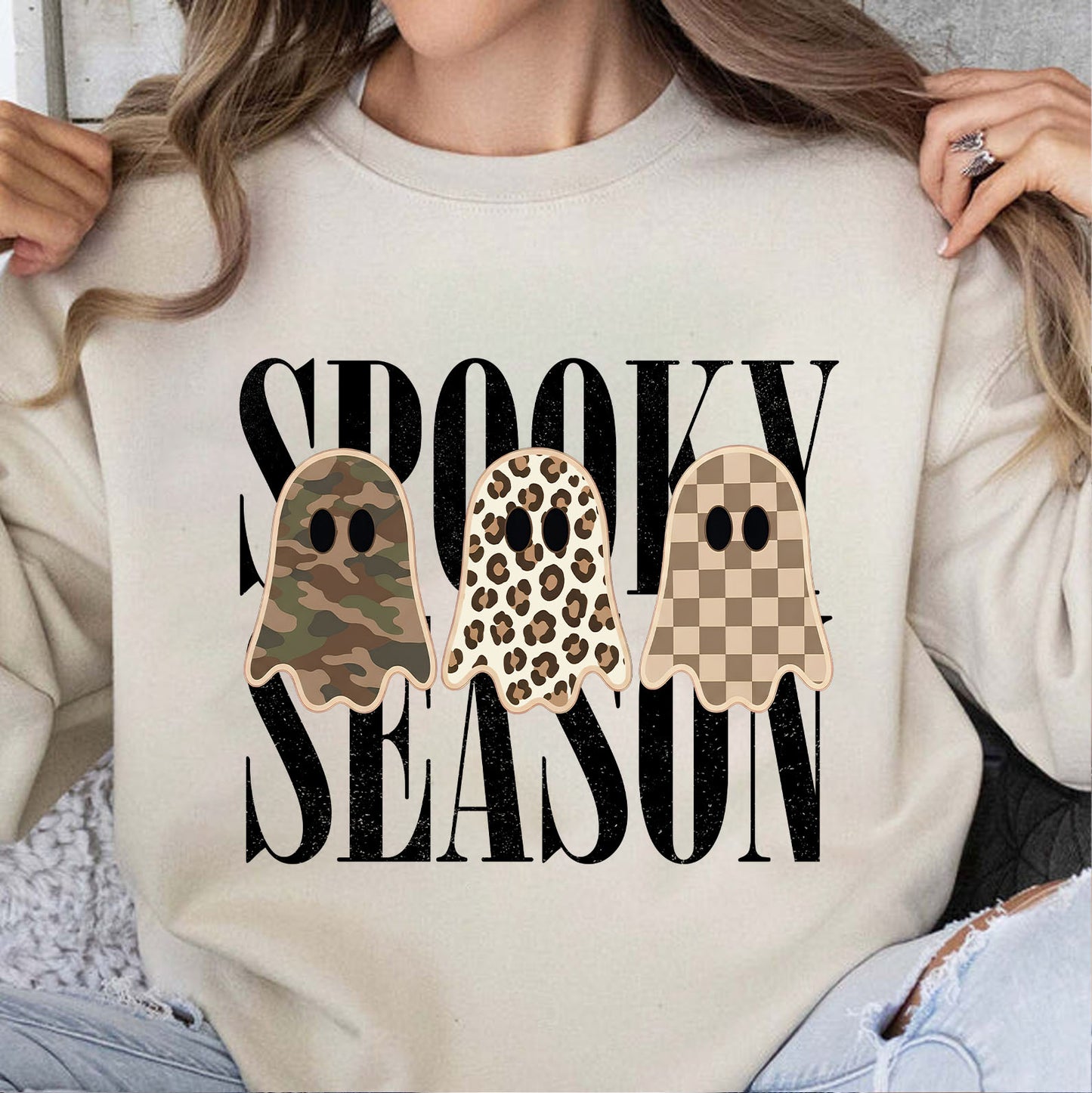 Retro Patchwork Ghosts Halloween Shirt, Checkered Leopard Camo Ghost Tee, Trendy Spooky Season Fall Shirt 685864