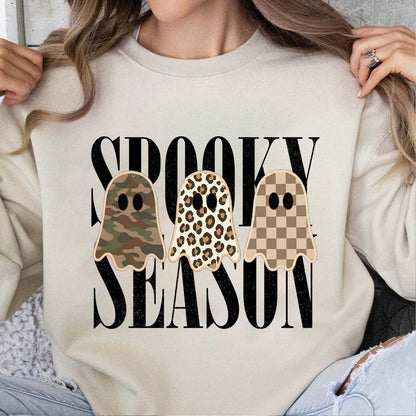 Retro Patchwork Ghosts Halloween Shirt, Checkered Leopard Camo Ghost Tee, Trendy Spooky Season Fall Shirt 685864
