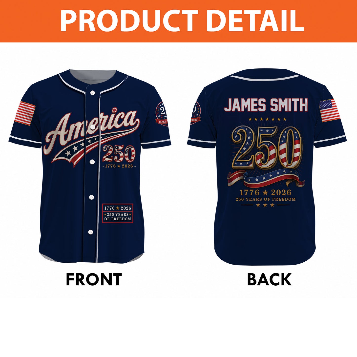 Custom 250 Years Anniversary USA Baseball Jersey, Personalized Name Patriotic Shirt, America 1776-2026 Jersey 685249