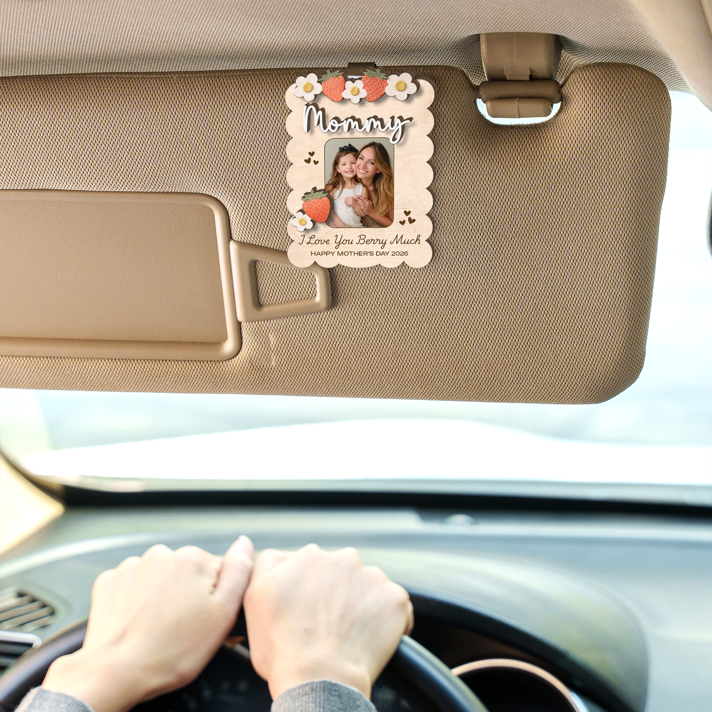 Personalized Photo Car Visor Clip, Custom Mom Wood Visor, Strawberry Gift for Grandma, Mothers Day Gift 684719