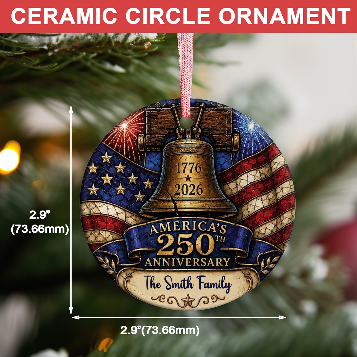 Personalized USA 250 Years Anniversary Ceramic Ornament, Custom Name Liberty Bell Christmas Decor 686004