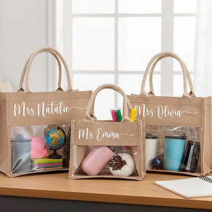 Personalized Teacher Tote Bag with Clear Window, Custom Name Burlap Tote, Teacher Appreciation Gift 684778