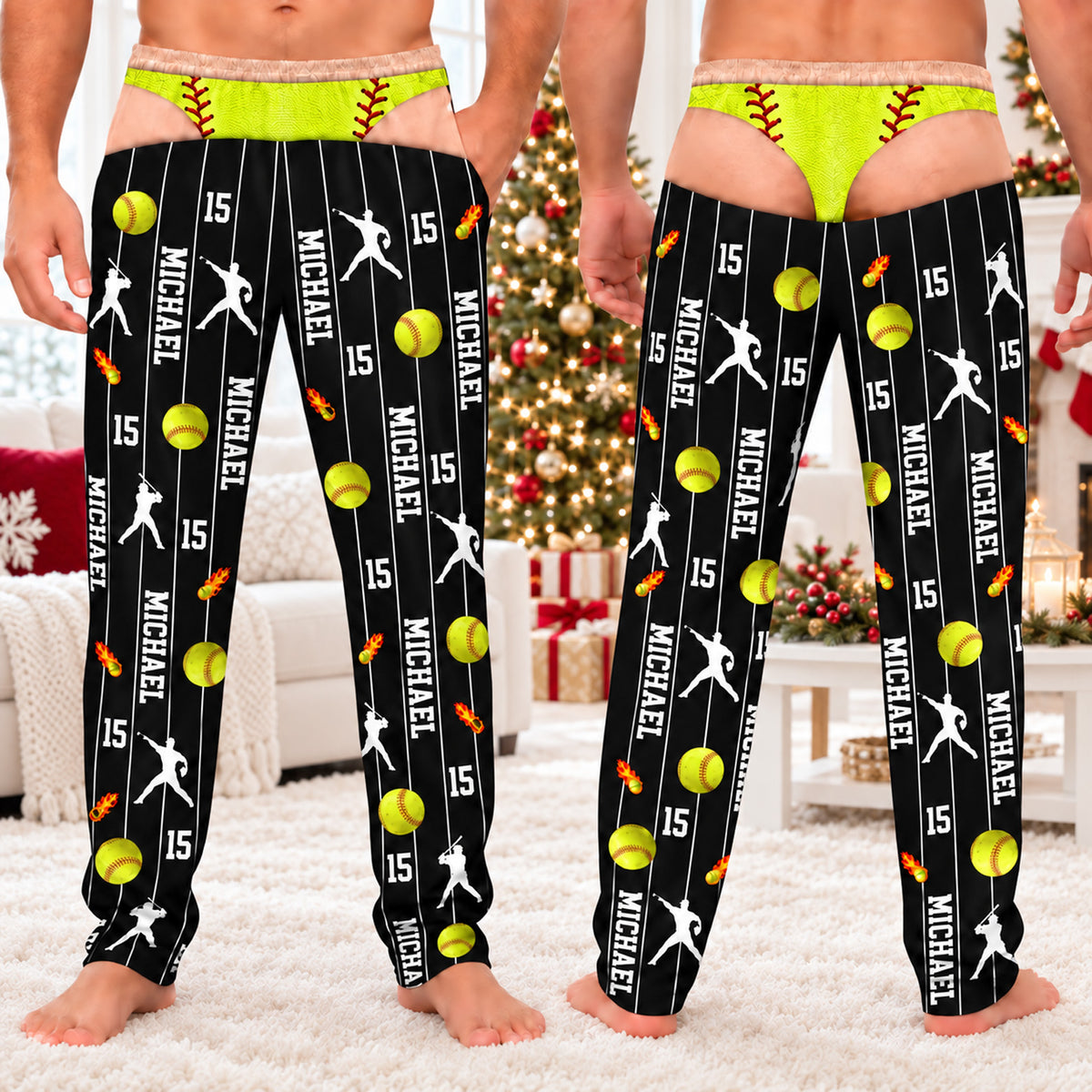 Personalized Sports Pajama Pants for Men, Custom Name & Number Funny Fake Underwear Lounge Pants 686601 WFD