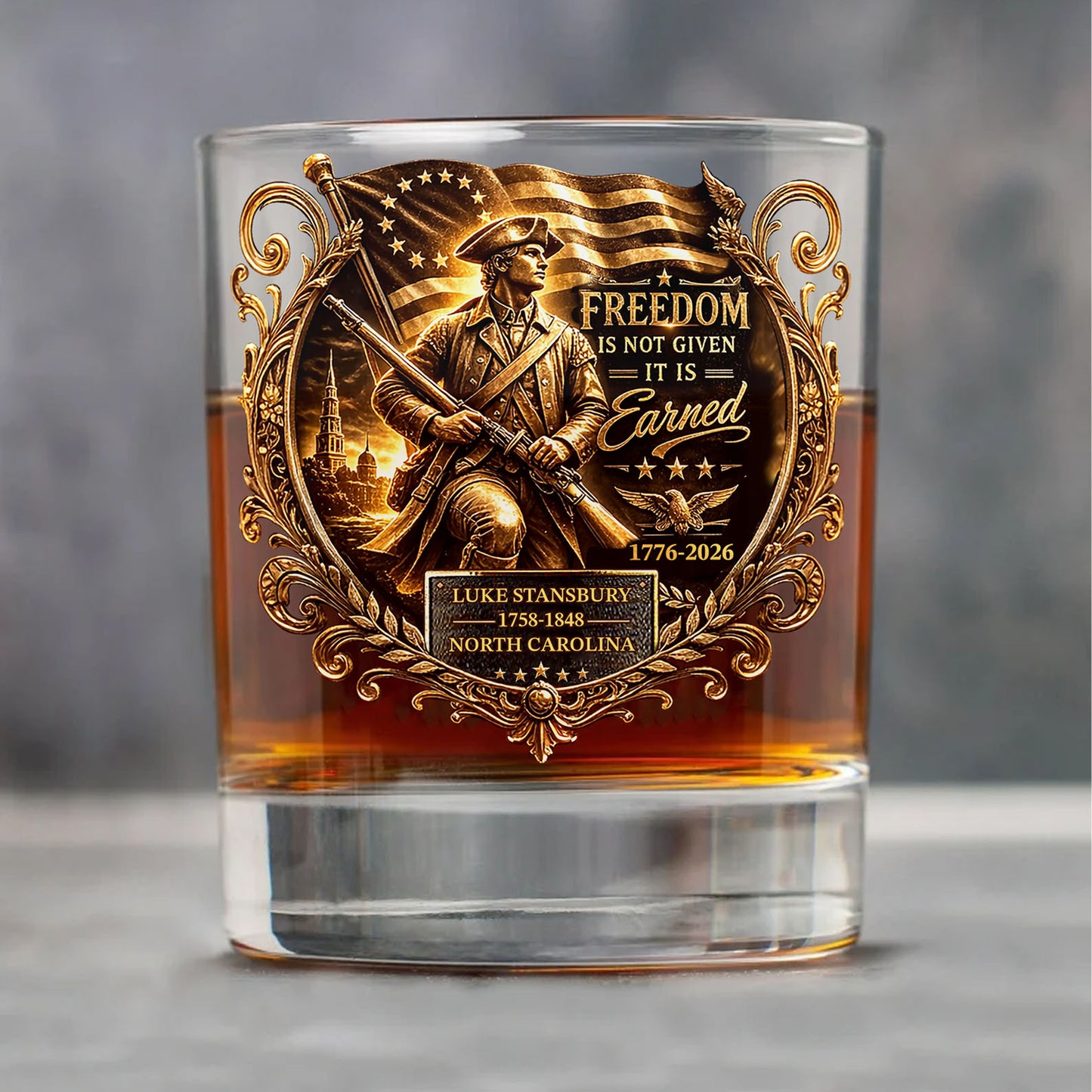 Custom Name Freedom Is Not Given It Is Earned Whiskey Glass | Patriotic 250 Years 1776–2026 Glass 684453