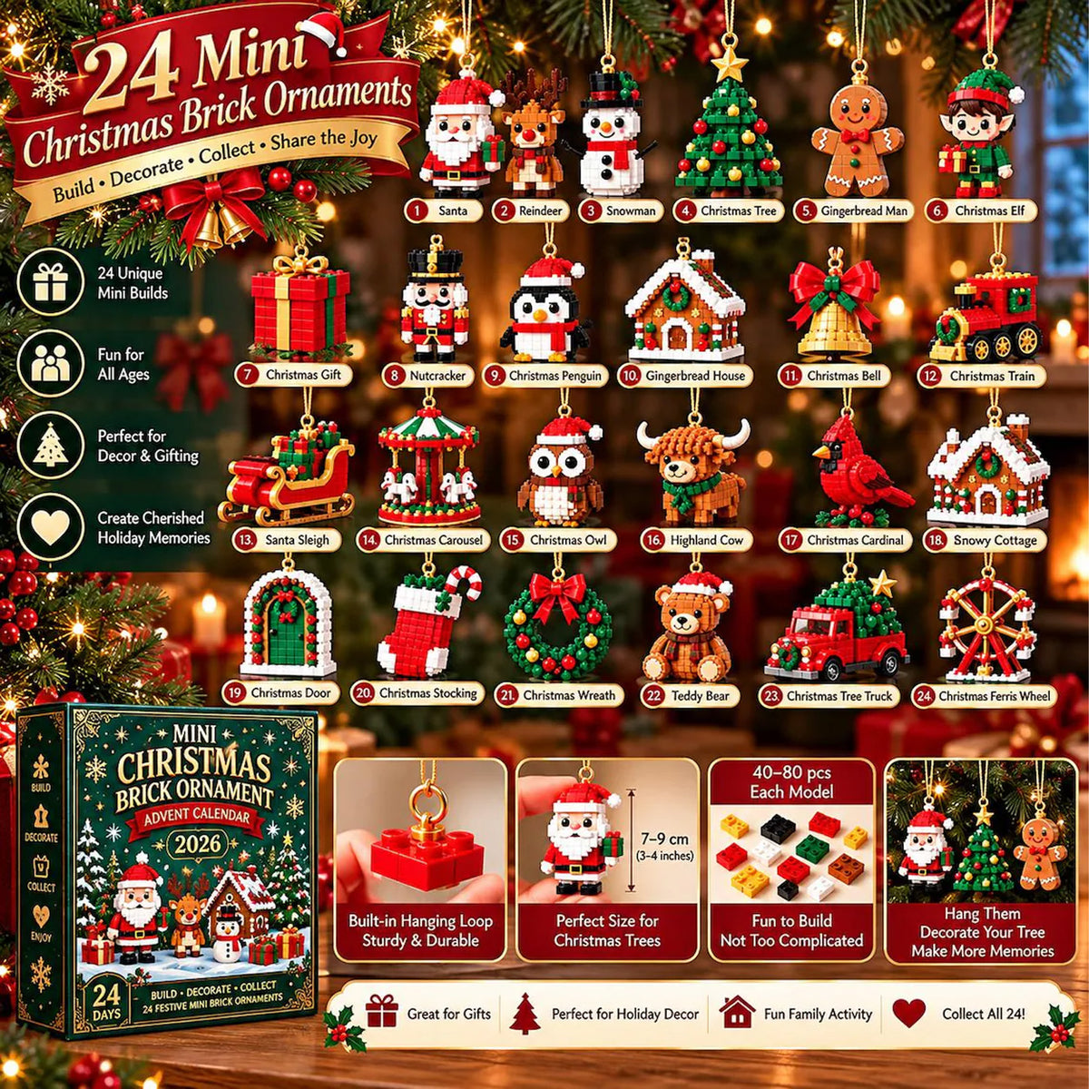 24-Day Christmas Brick Advent Calendar 2026, Mini Buildable Christmas Ornaments, Kids Holiday Countdown Gift 686801 WFD