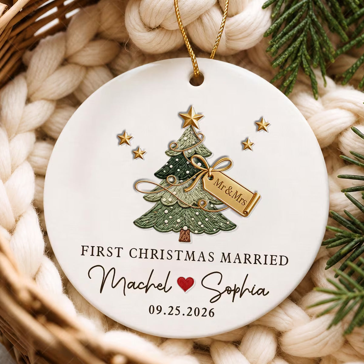 Personalized First Christmas Married Ceramic Ornament, Custom Names & Wedding Date Christmas Ornament 686969 WFD
