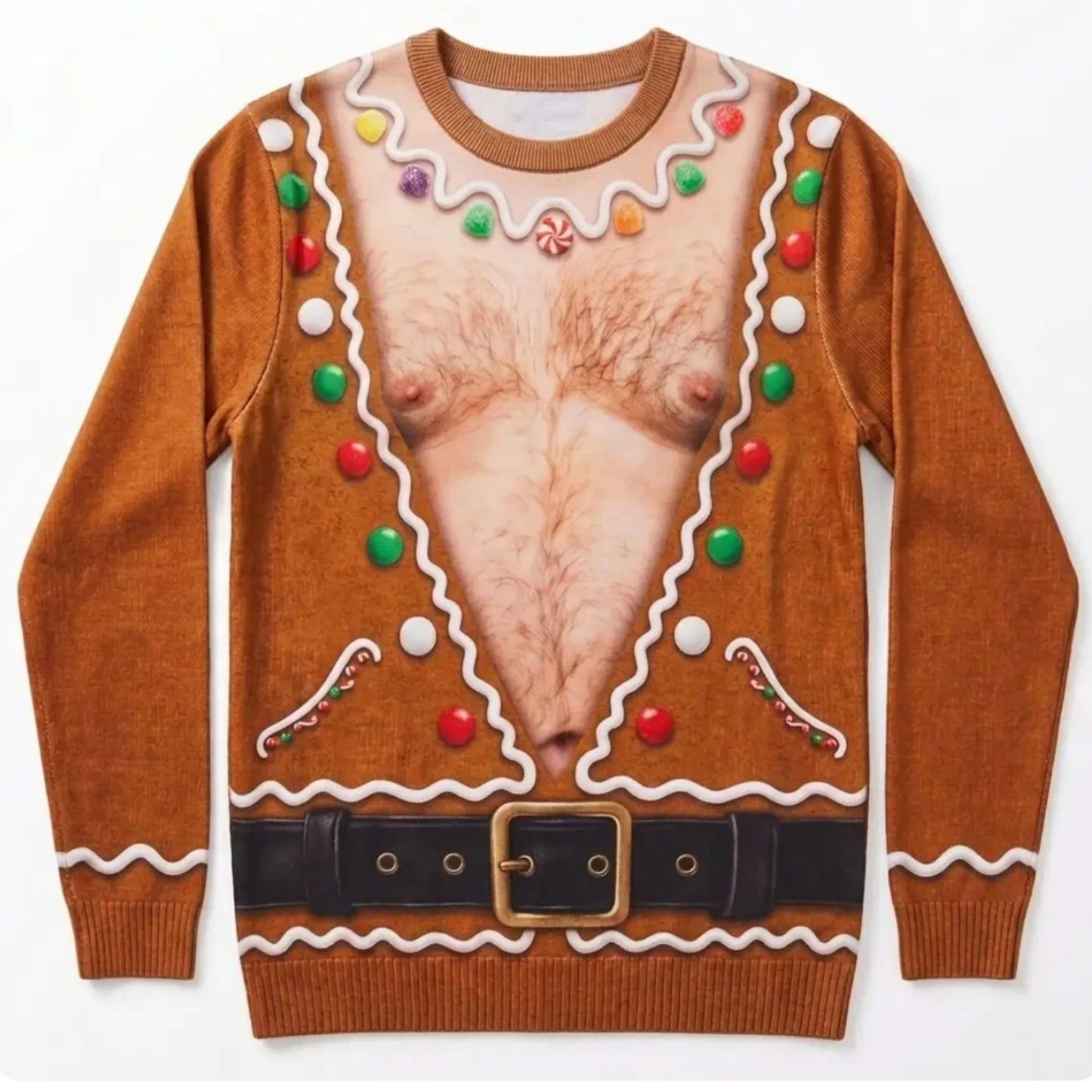 Funny Christmas Ugly Sweater for Men, Fake Chest Elf & Gingerbread All-Over Print Sweatshirt 686160 WFD