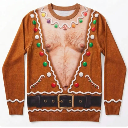 Funny Christmas Ugly Sweater for Men, Fake Chest Elf & Gingerbread All-Over Print Sweatshirt 686160 WFD