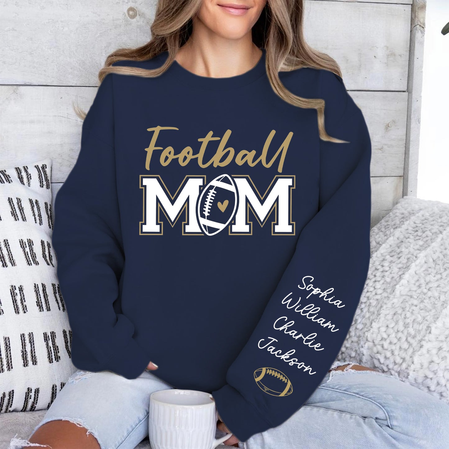 Personalized Football Mom Sweatshirt, Custom Kids Names Front & Sleeve Sweater, Football Mom Game Day Gift 686200