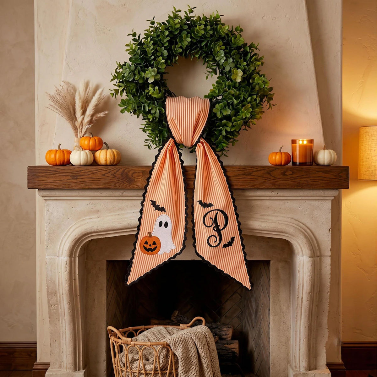 Personalized Halloween Wreath Sash, Embroidered Ghost & Monogram Bow, Custom Name Front Door Decor 686172 WFD