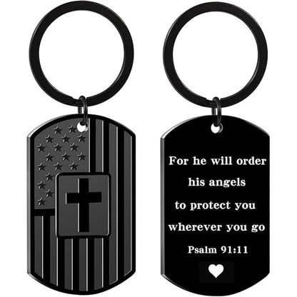 Christian Gift Keychain, Bible Verse Dog Tag Cross Keychain, Black American Flag Keyring, Faith Gift for Men 684047