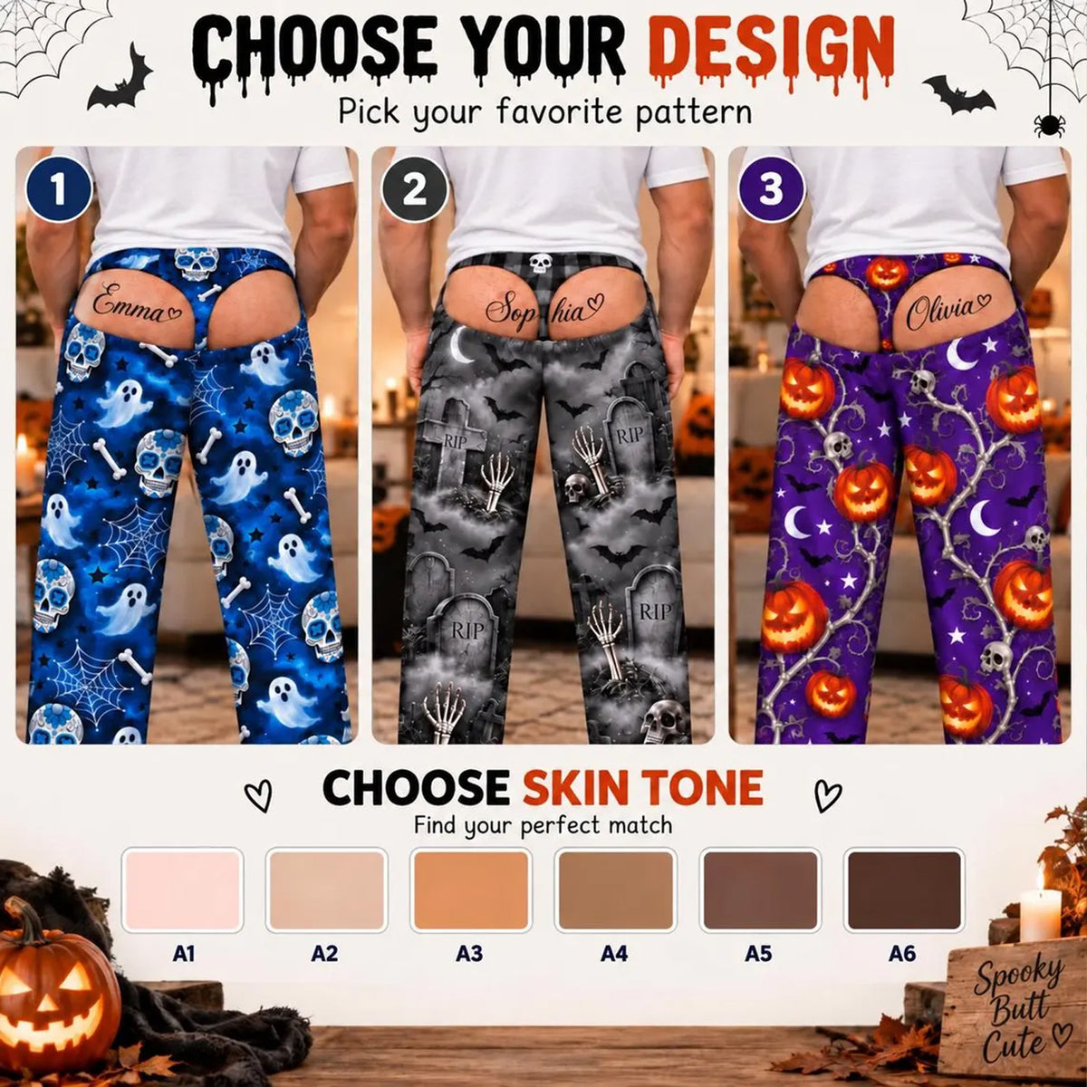 Funny Halloween Pajama Pants for Men, Custom Name Fake Butt Lounge Pants, Spooky Gag Gift for Him 686596 WFD