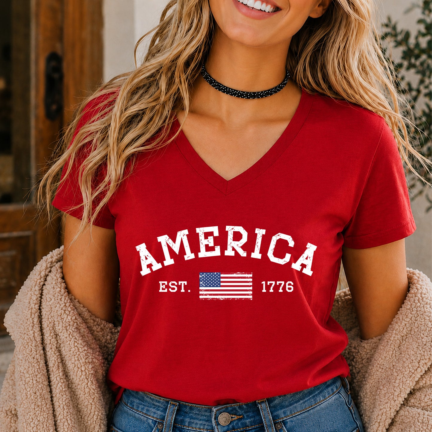 250 Years America V-Neck Shirt, America Est 1776 Patriotic Tee, Minimal USA Flag 4th of July Shirt 685296