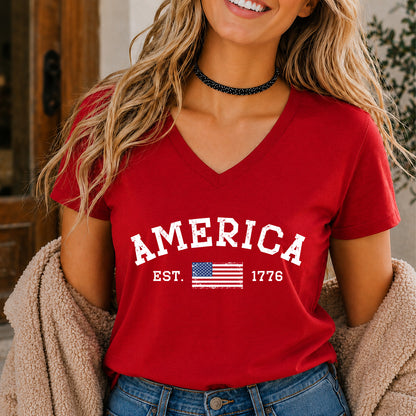 250 Years America V-Neck Shirt, America Est 1776 Patriotic Tee, Minimal USA Flag 4th of July Shirt 685296