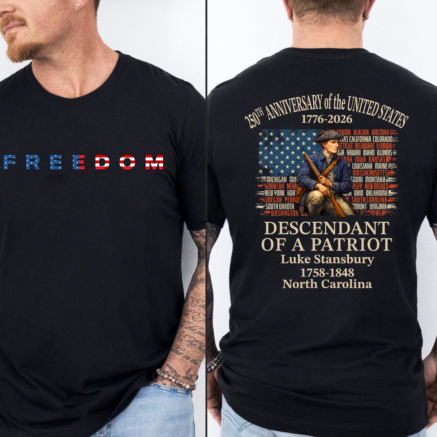 Personalized Freedom 250 Years USA Shirt | Custom Name Descendant of a Patriot Front & Back Shirt 684452