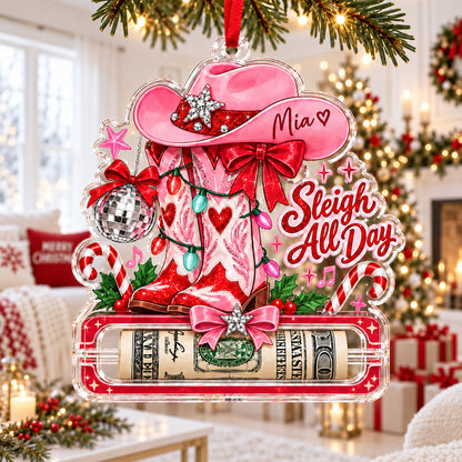 Personalized Dolly Parton Cowgirl Acrylic Money Holder Ornament, Custom Pink Western Christmas Ornament 686306 WFD