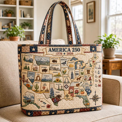 250 Years of America Tote Bag, Patriotic USA Map Quilted Shoulder Bag, 1776-2026 State Travel Tote 685183