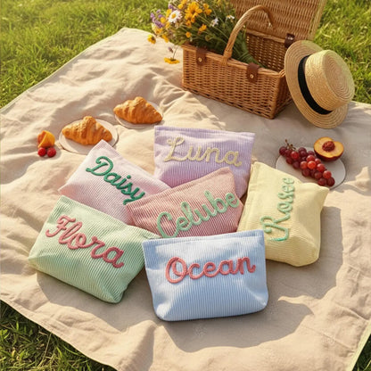 Personalized Seersucker Makeup Bag, Custom Chenille Name Cosmetic Pouch, Travel Toiletry Bag Gift for Her 685534 WFD