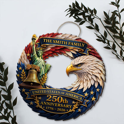 Custom Family Name Patriotic Wooden Sign | USA 250 Years Anniversary Eagle Liberty Bell Wall Decor 684523