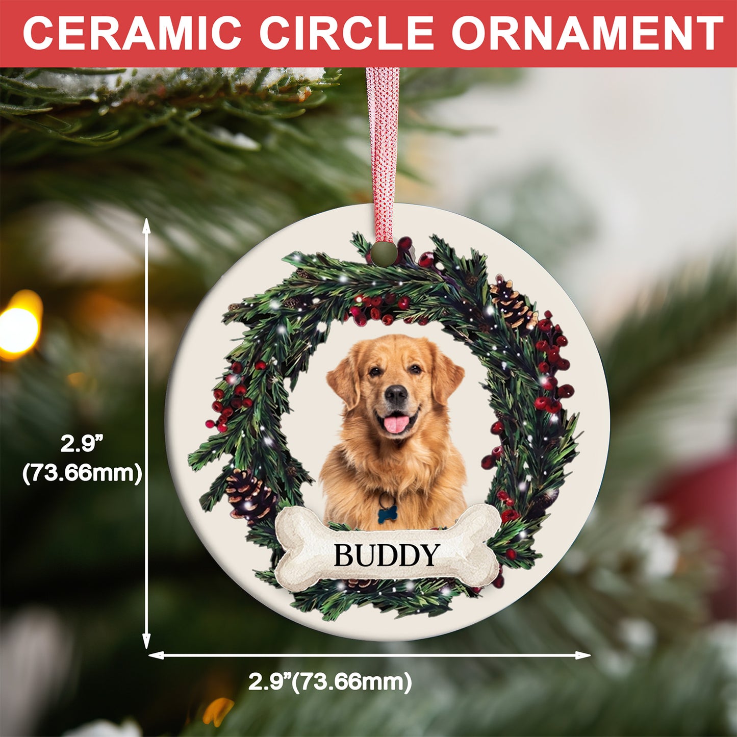 Custom Photo Dog Ceramic Ornament, Personalized Pet Name Christmas Ornament, Pet Memorial Keepsake Gift 685921