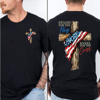 Stand For The Flag Kneel For The Cross Shirt | Patriotic Christian Tee | USA Flag Cross 4th of July Pocket & Back Shirt 683191