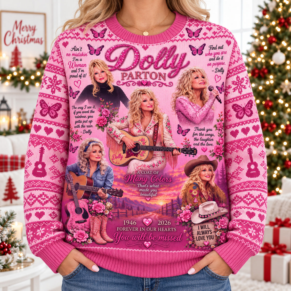 Dolly Parton Memorial Ugly Sweater, In Loving Memory Country Music AOP Christmas Sweater, Dolly Fan Gift 686266 WFD