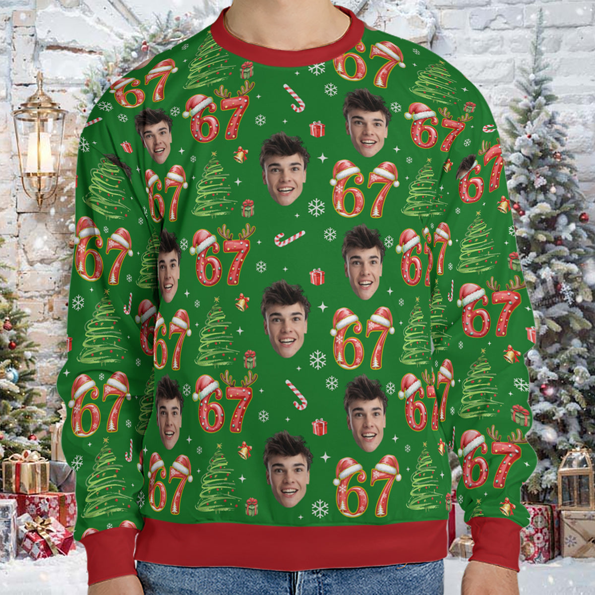 Custom Photo Face 6 7 Christmas Ugly Sweater | Personalized Funny Six Seven All-Over-Printed Sweatshirt 683685